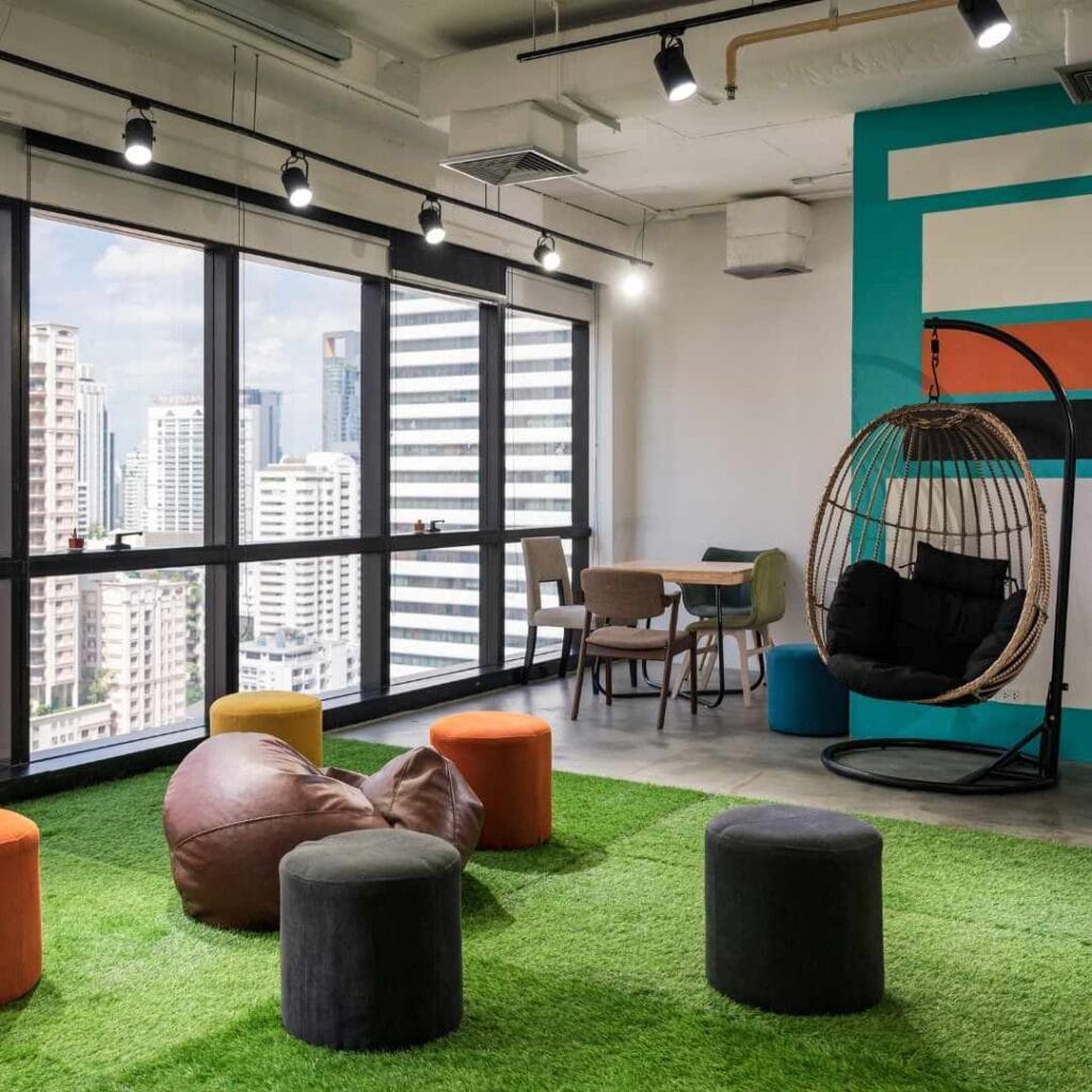 stunning indoor Commercial space with green artificial grass
